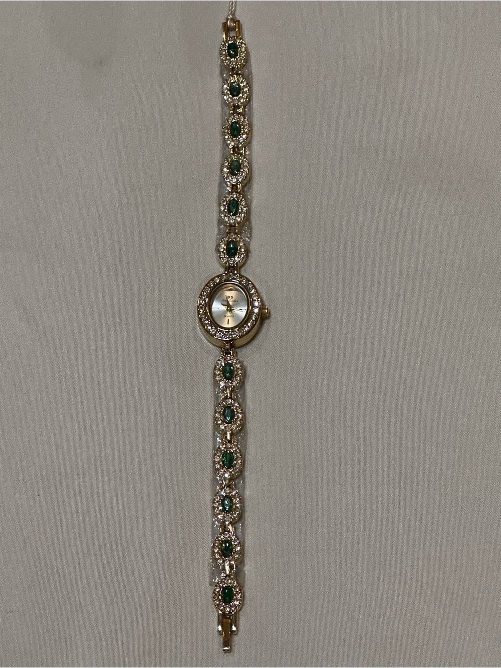 Vintage Inspired Dainty Gold-Tone Ladies Bracelet Watch with Green Stone Accents - Picture 3 of 14